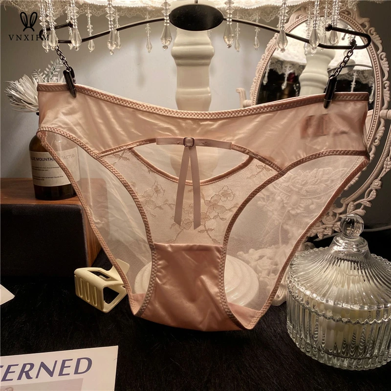 2024 French Superior Silky Milk Silk Underwear Satin Stitching Lace Briefs Girl\'s Bow Hollow Breathable Mesh Underwear Hot pants