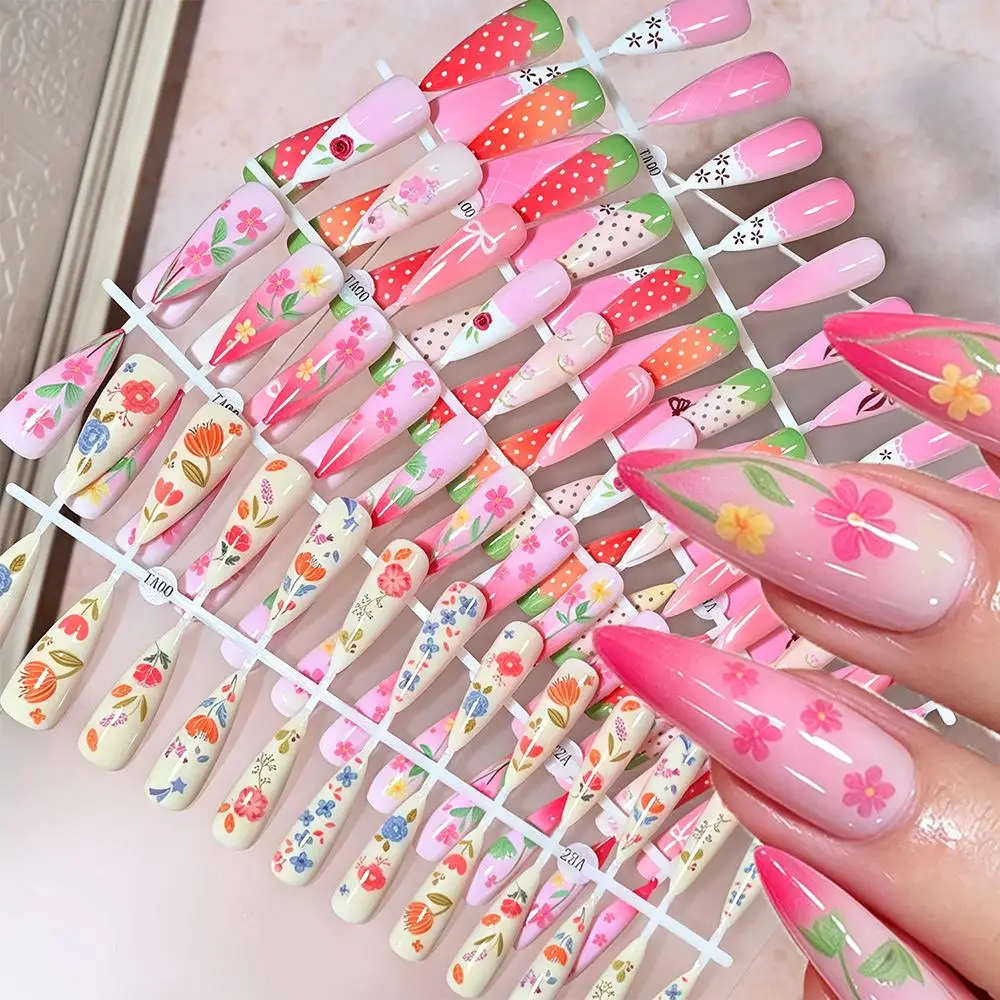 120Pcs Pink Gradient Flower Fruit Press On Nails French Ribbon Strawberry Long Stiletto Fake Nail Sweet Wearable False Fingertip
