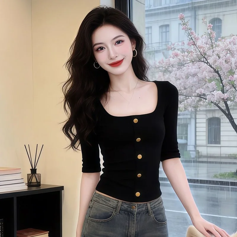 Slim Fit Black Square Collar Button Five Sleeve T Shirt Women's Fashionable Elegant Style Summer New Arrival Polyester Fabric