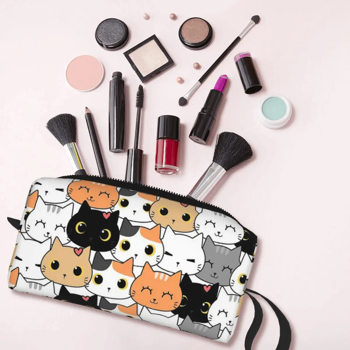 Bolsa de maquillaje de gatos Kawaii para hombres y mujeres, bolsa de cosméticos con patrón impermeable, bolsa de aseo de viaje, organizador, monedero de almacenamiento