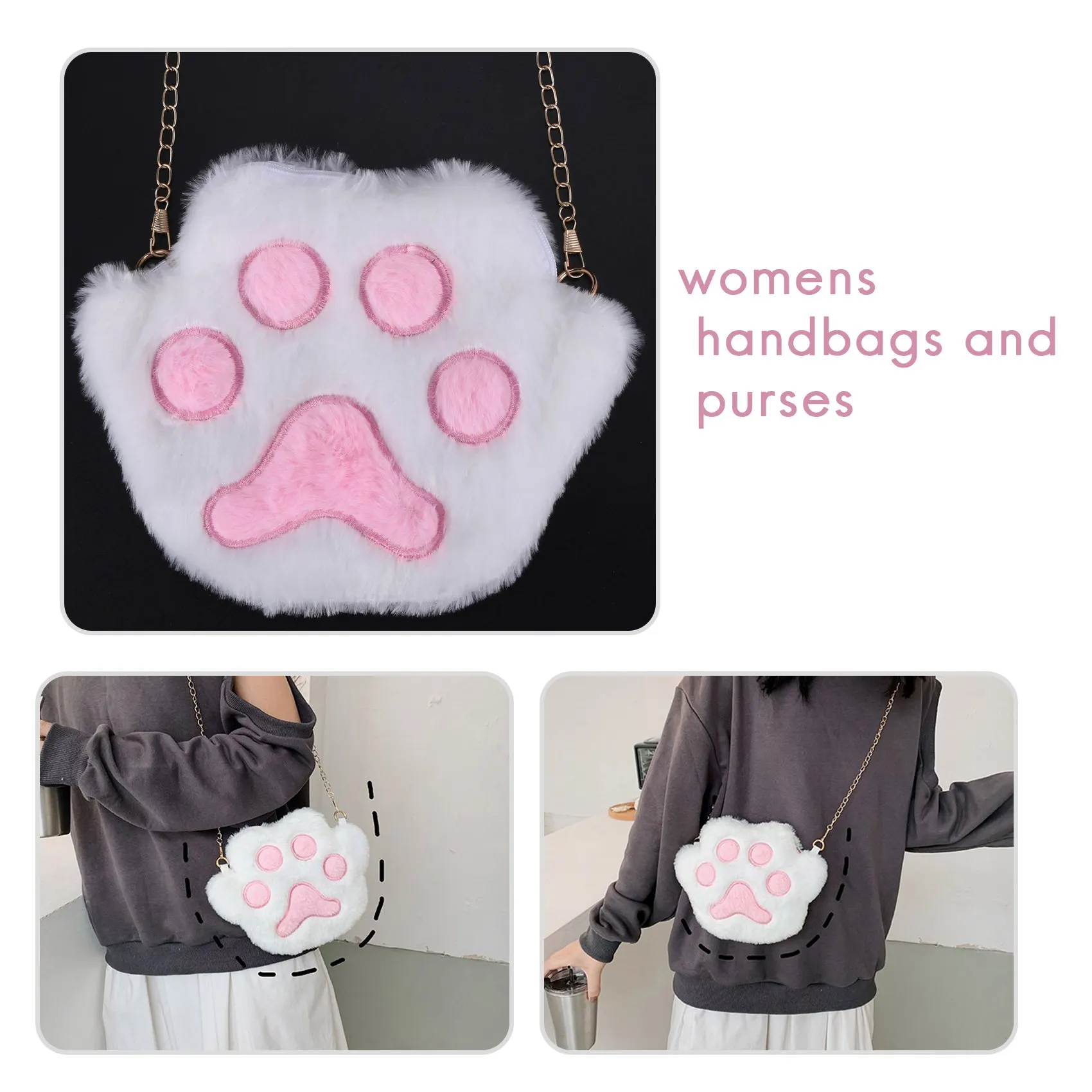 Cute Shoulder Bags Fluffy Kawaii Palm Print Chain Bag Women Cartoon Plush Crossbody Bag Fluffy Plush Handbag,White