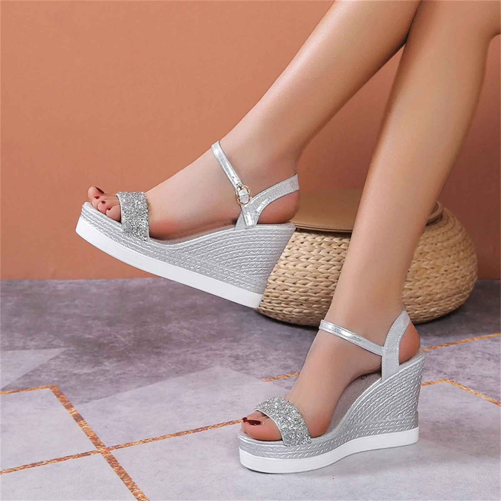 Ladies Breathable Sequin Elegant Wedge Heel Large Size Sandals Outside Streetwear Indoor Outdoor Female Shoes