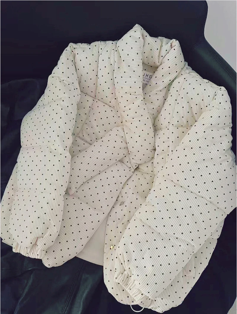 Polka Dot Corduroy Women Padded Jacket Korean Button Down Puffer Coat Long Sleeve Loose Retro Cozy Winter Outerwear Top