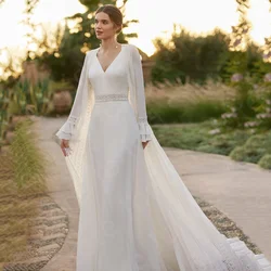 Maßgeschneidertes zweiteiliges Hochzeitskleid mit Umhang, Spitze, Brautkleider 2024, lange Ärmel, Brautkleid, V-Ausschnitt, Brautkleider, Rückenausschnitt