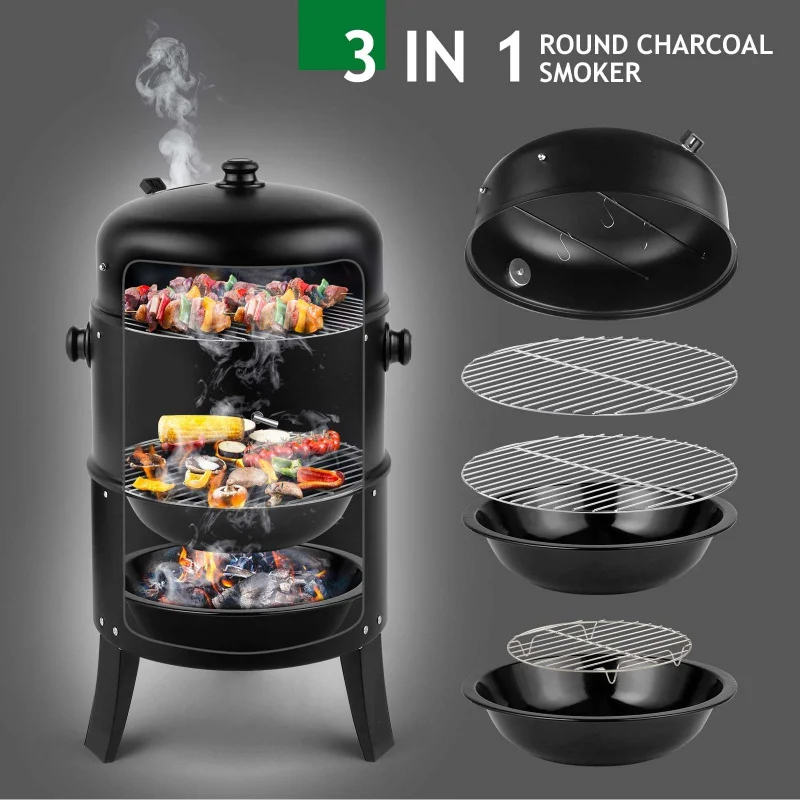 16 Inch Vertical Charcoal Smoke Oven Barbecue Grill，3 Layer，Great Cooking Ability，Easy to Control Temperature，Durable Structure