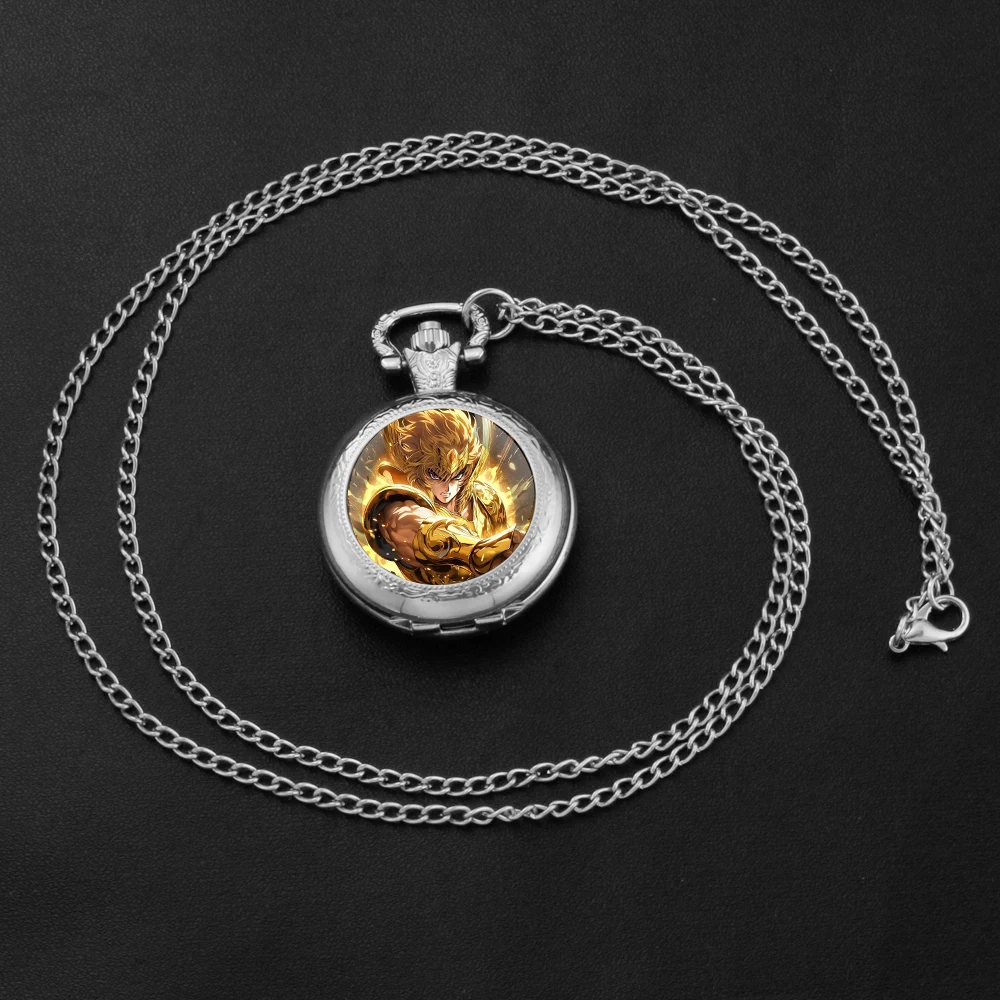 ساعة جيب كوارتز سوداء على شكل قبة زجاجية من Golden Zodiac Saint مع قرص أرقام عربية وسلسلة متينة هدية ريترو للرجال والنساء