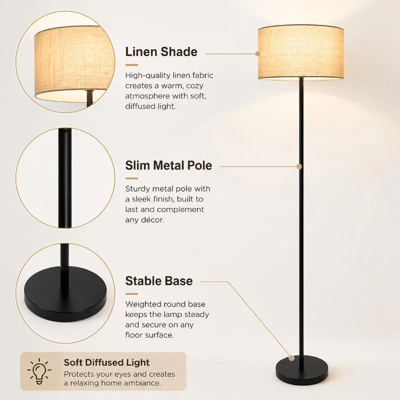 Modern Floor Lamp Linen Shade LED Standing Light Eye Care for Living Room Bedroom Study Sofa Reading Hotel Home Decor Floor Lamp