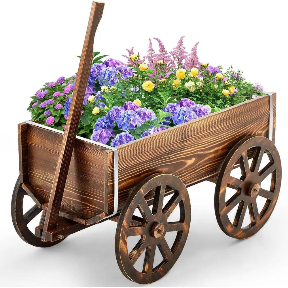 

veer Wooden Wagon lower Planter Cart Garden Planter Box with Wagon Wheels Cart or Home Garden Outdoor Balcony Decorative, Patio
