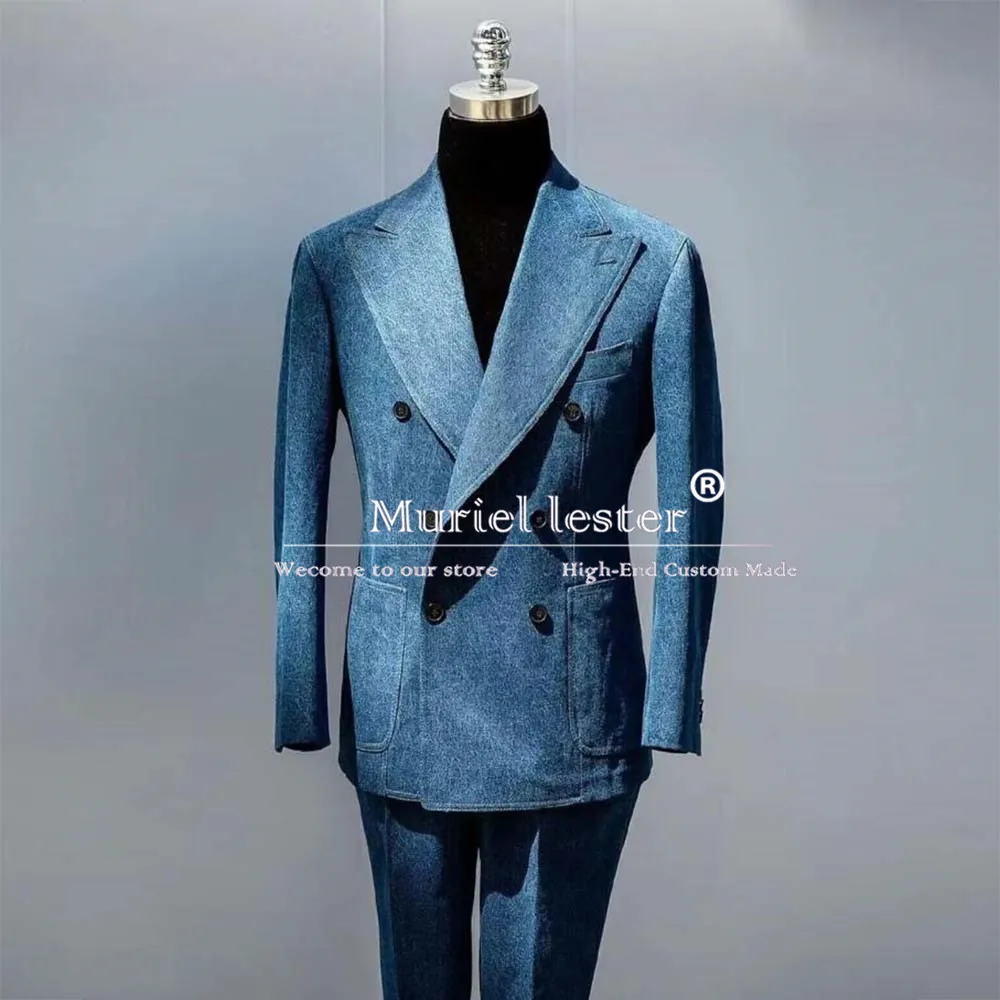 Blue Denim Suits Men Smart Casual Daily Wear Double Breasted Jacket Pants 2 Pieces Groom Dinner Party Wedding Tuxedos Customized