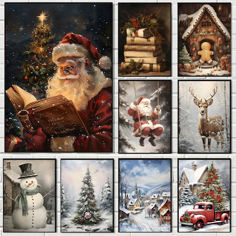 Retro Weihnachtsmann und Rentier Leinwanddruck Winter Lebkuchenhütte Wandkunst Poster Modernes Wohnzimmer Weihnachten Home Decor Geschenke