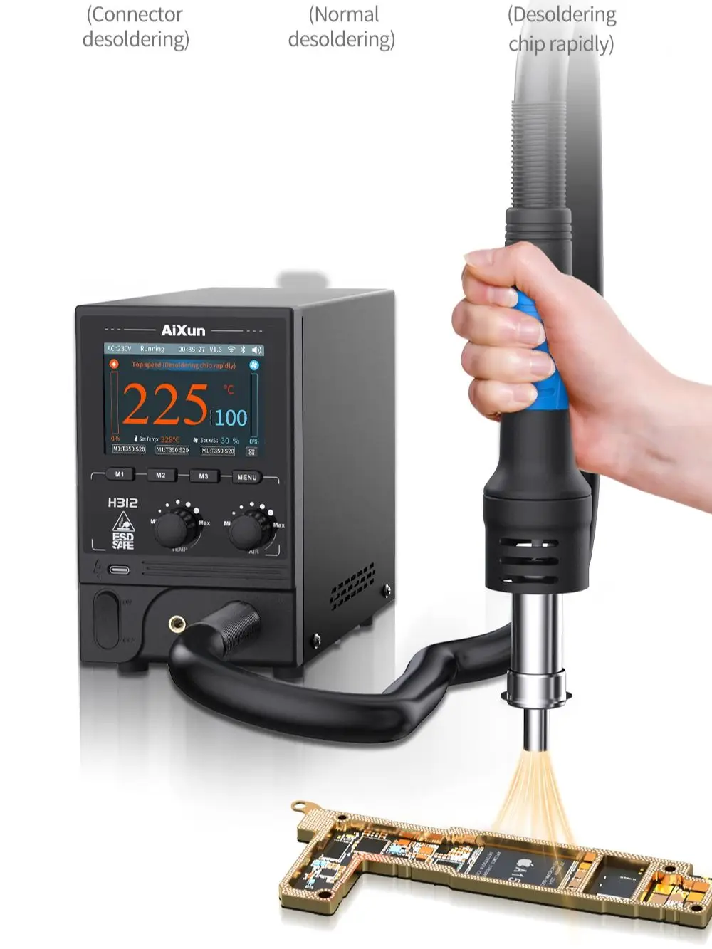محطة لحام مسدس الهواء الساخن الذكية AiXun، محطة إعادة العمل BGA 1400 وات مسدس حراري، شاشة عالية الدقة لأداة إصلاح لحام PCB، H312 #4