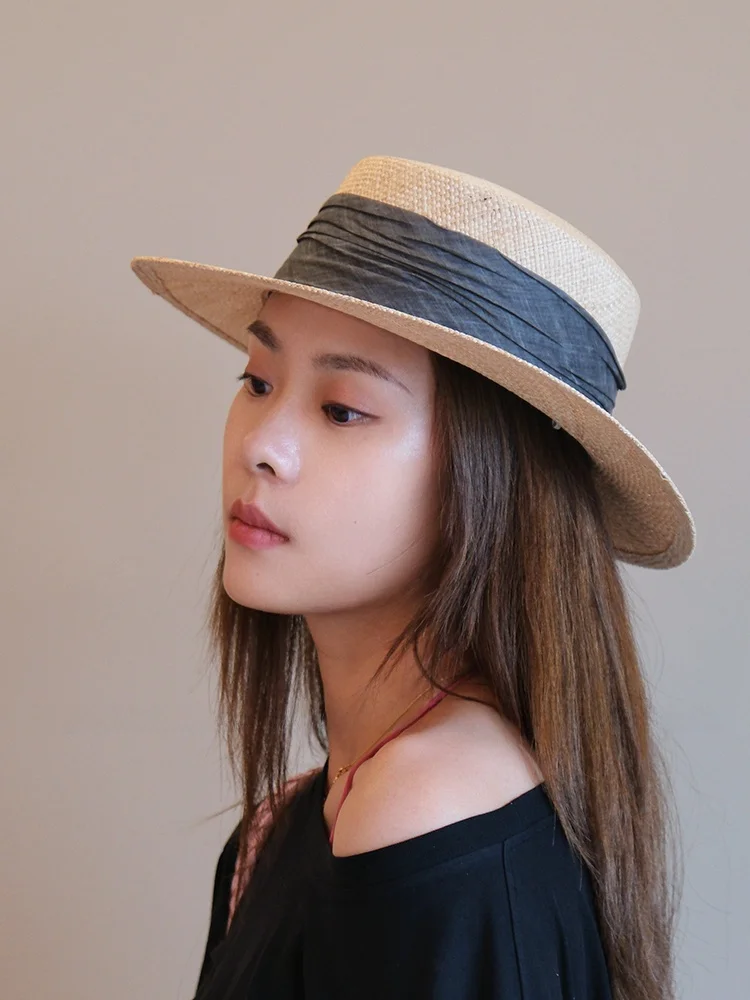 chapeau-de-paille-retro-laffey-a-calotte-plate-pour-femme-chapeau-de-soleil-a-large-bord-casquette-de-banlieue-accessoire-d'ete-tendance-amincissant-le-visage