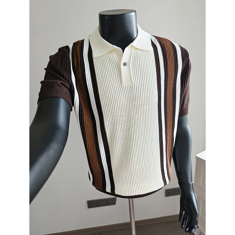 2026 Ice Silk Knitted Short Sleeved Polo Shirt Men Fashion Striped Casual Business Tshirts Color Blocking Social Streetwear Tee