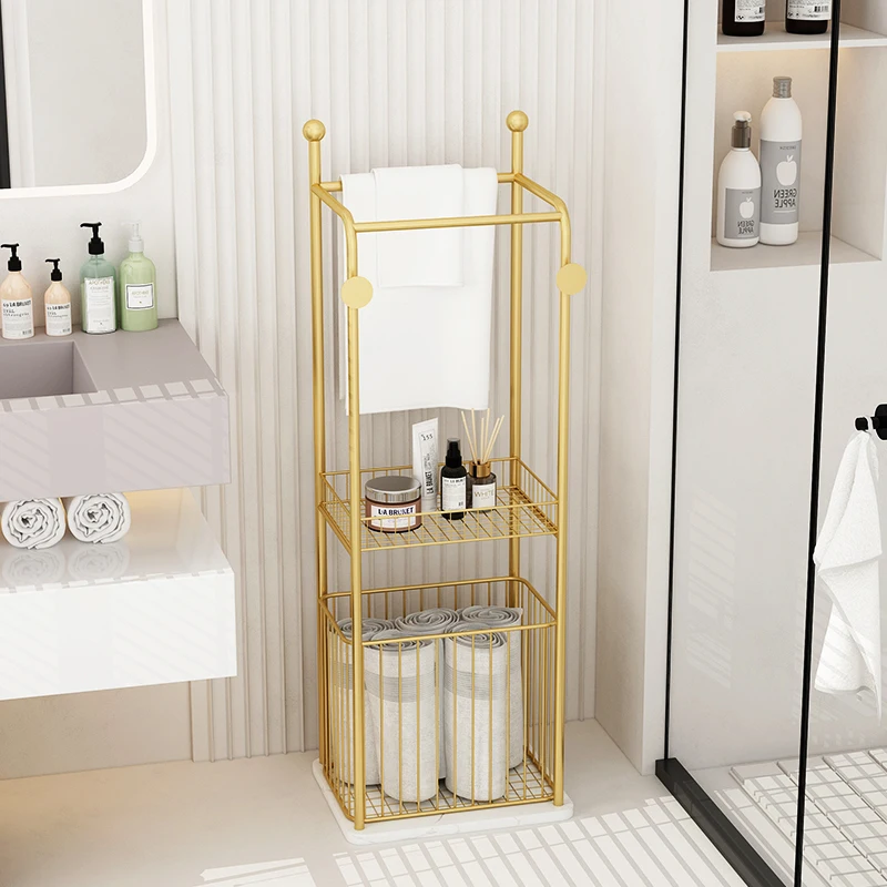 

Nordic Iron Art Towel and Clothes Holder Multi-layer Marble Base Bathroom Shelf with Stylish Storage Baskets