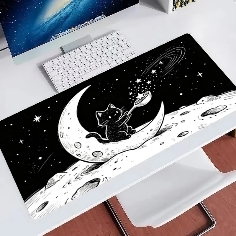 kawaii Mouse Pad Large Extended Gaming Desk Mat Non Slip Gamer Pad Moon Cat Mousepad Black Carpet Rubber Base Computer Mouse Pad
