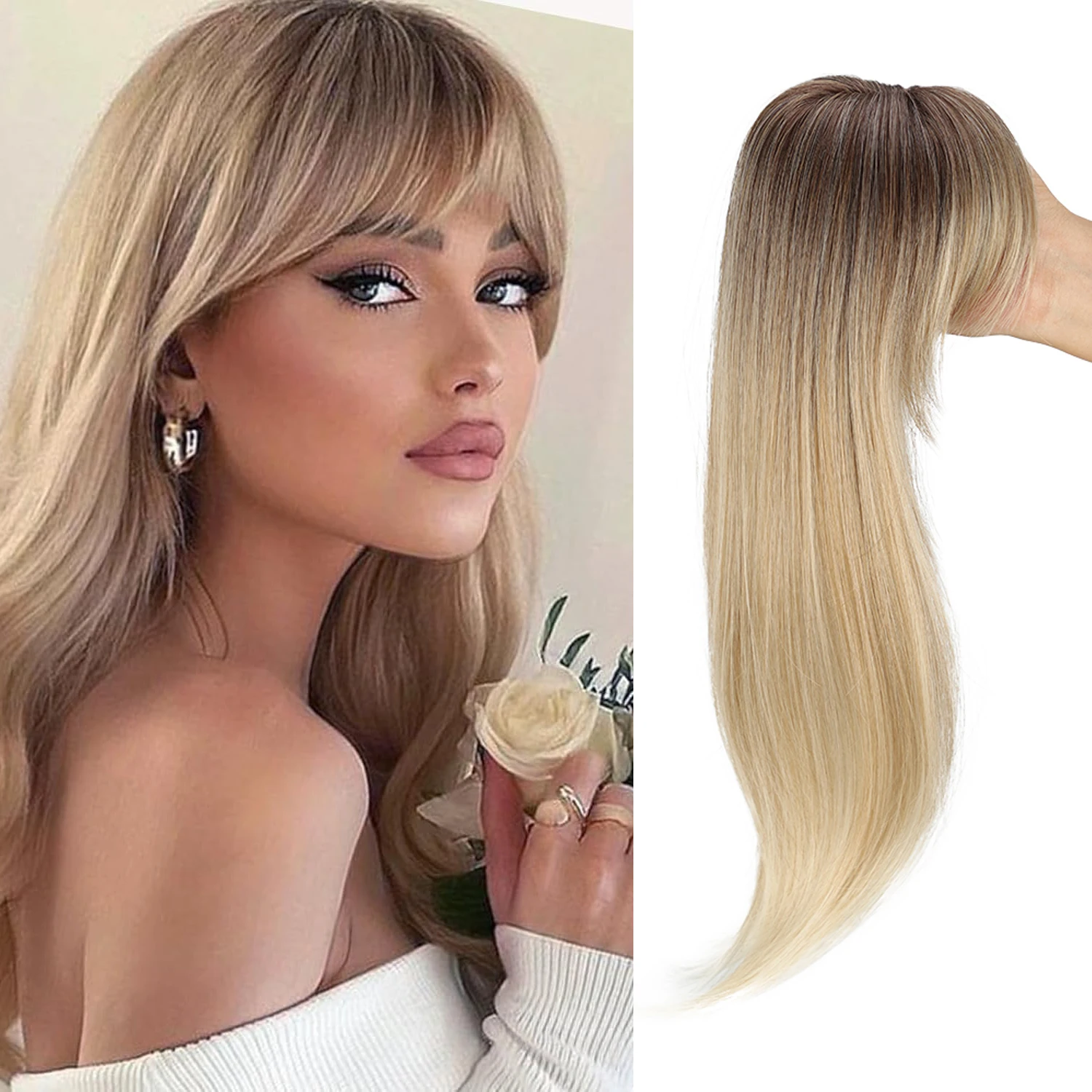 Dansama 18Inch Hair Topper with Bangs Hair Clip 360° 3D Cover Hair Toppers for Women Synthetic Hairpieces for Women