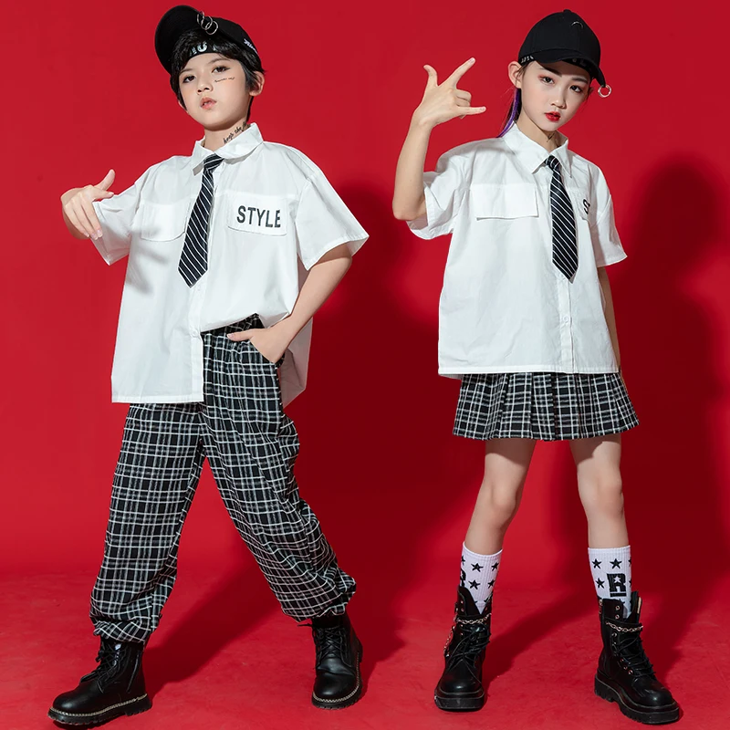 Kids Hip Hop Clothing JK Uniforms Tshirt Checkered Pants Skirt Tie Streetwear For Girls Boys Jazz Dance Costumes Stage Clothes