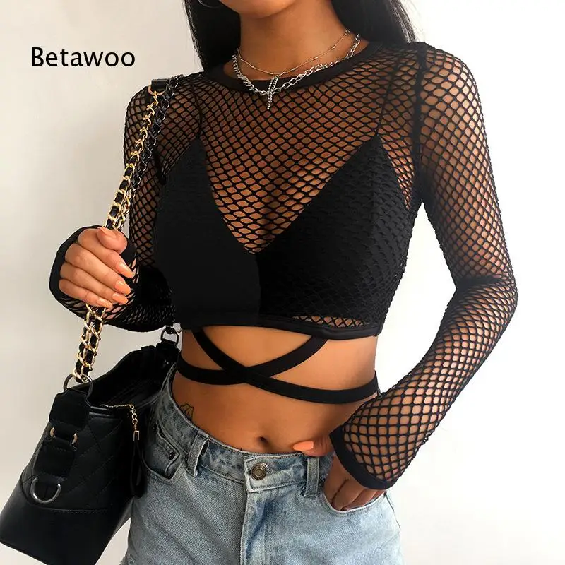Long Sleeve Hole Fishnet Crop Top Round Neck Front Crisscross Straps Self Tie Back Wrap Sheer Mesh Cover Up Top for Clubwear