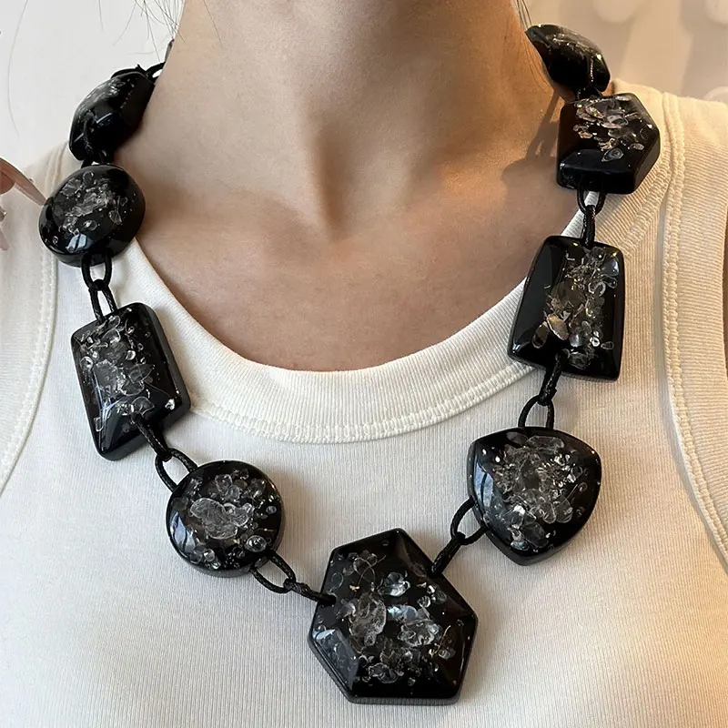 New Trendy Black Beaded Chain Necklace For Women Punk Hiphop Rock Cool Necklace Gothic For Girls Big Party Resin Accessories