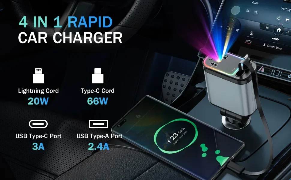 Caricabatteria Auto Retrattile 120w 4-in-1 - Con Cavo USB-C Fino A 100W
