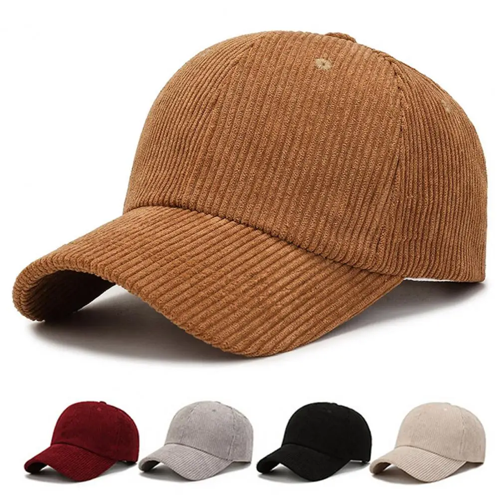 Corduroy Baseball Hat Large Brim Thick Striped Texture Peaked Cap Adjustable Circumference Hiking Traveling Shopping Hat 태양모