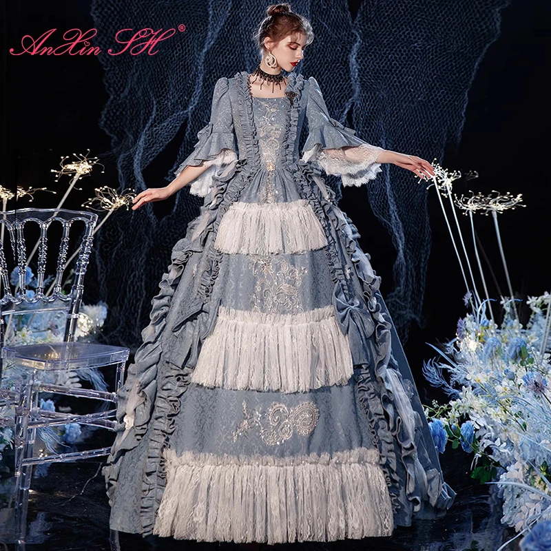 AnXin SH vintage princess grey blue satin sweetheart flower lace sparkly flare sleeve ball gown lace up customized Prom Dresses