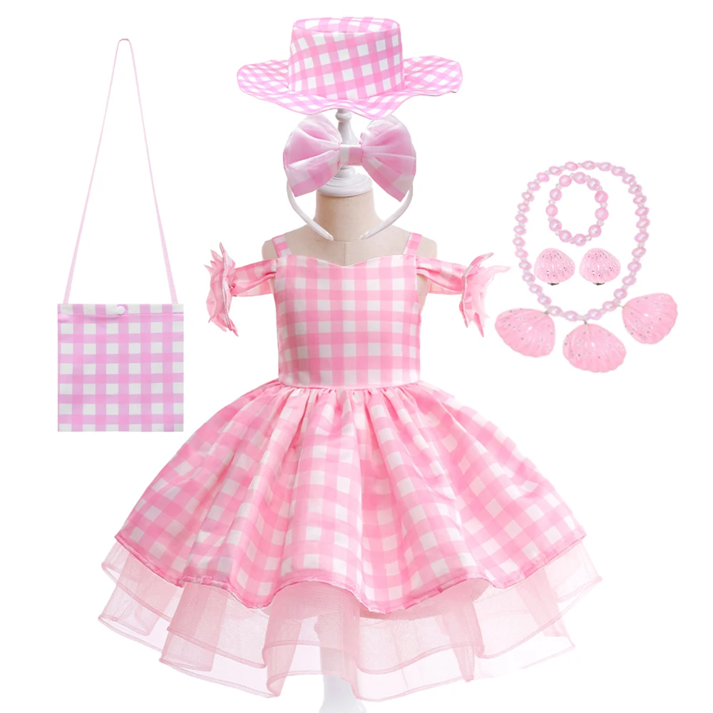 Barbi Movie Pink Girl Costume Carnival Barbier Set for Girls Halloween Tulle Plaid Birthday Party Princess Kids Dresses Costumes