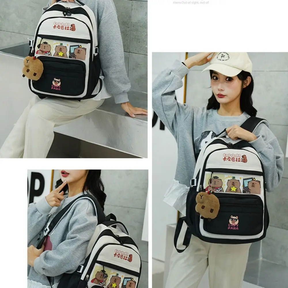 Zaino multifunzionale Capybara Cartoon Borsa da scuola carina di grande capacità Stile casual con ciondolo Borsa a tracolla casual da scuola