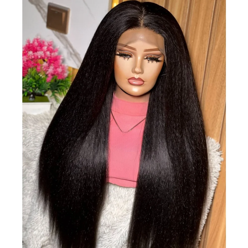 أسود ياكي ناعم 26 "طويل اللون غريب مستقيم 180 الكثافة 13x4 الدانتيل شعر مستعار أمامي الاصطناعية للنساء ارتفاع درجة الحرارة غلويليس يوميا #2