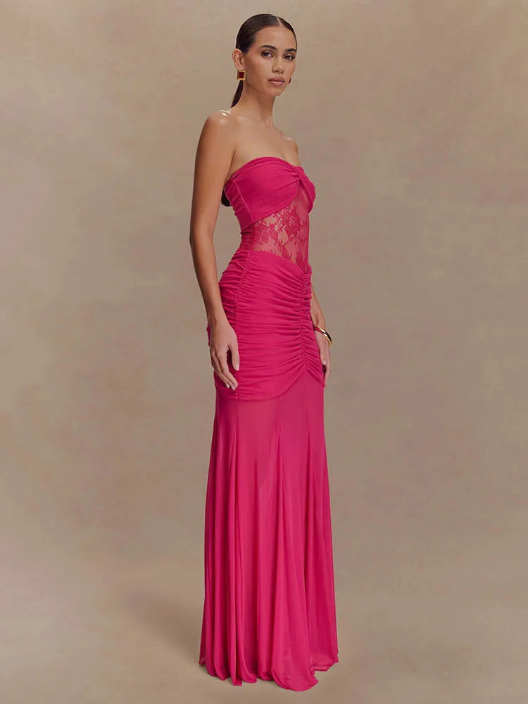 Articat elegante senza spalline in pizzo patchwork doppio strato stretto abito lungo donna sexy backless sheer party club aderente abiti2025