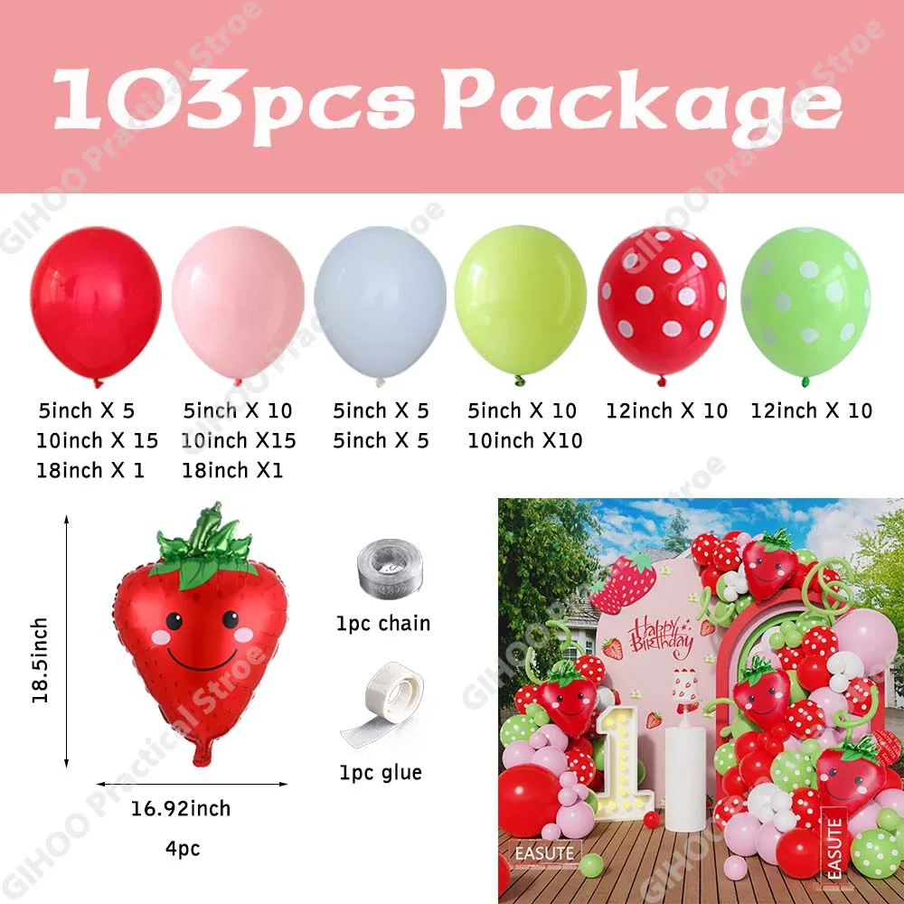 103pcs Strawberry Party Balloon Garland Arch Kit Berry Girls 1st Birthday Party Supplies Baby Shower Summer Theme Party Decorati