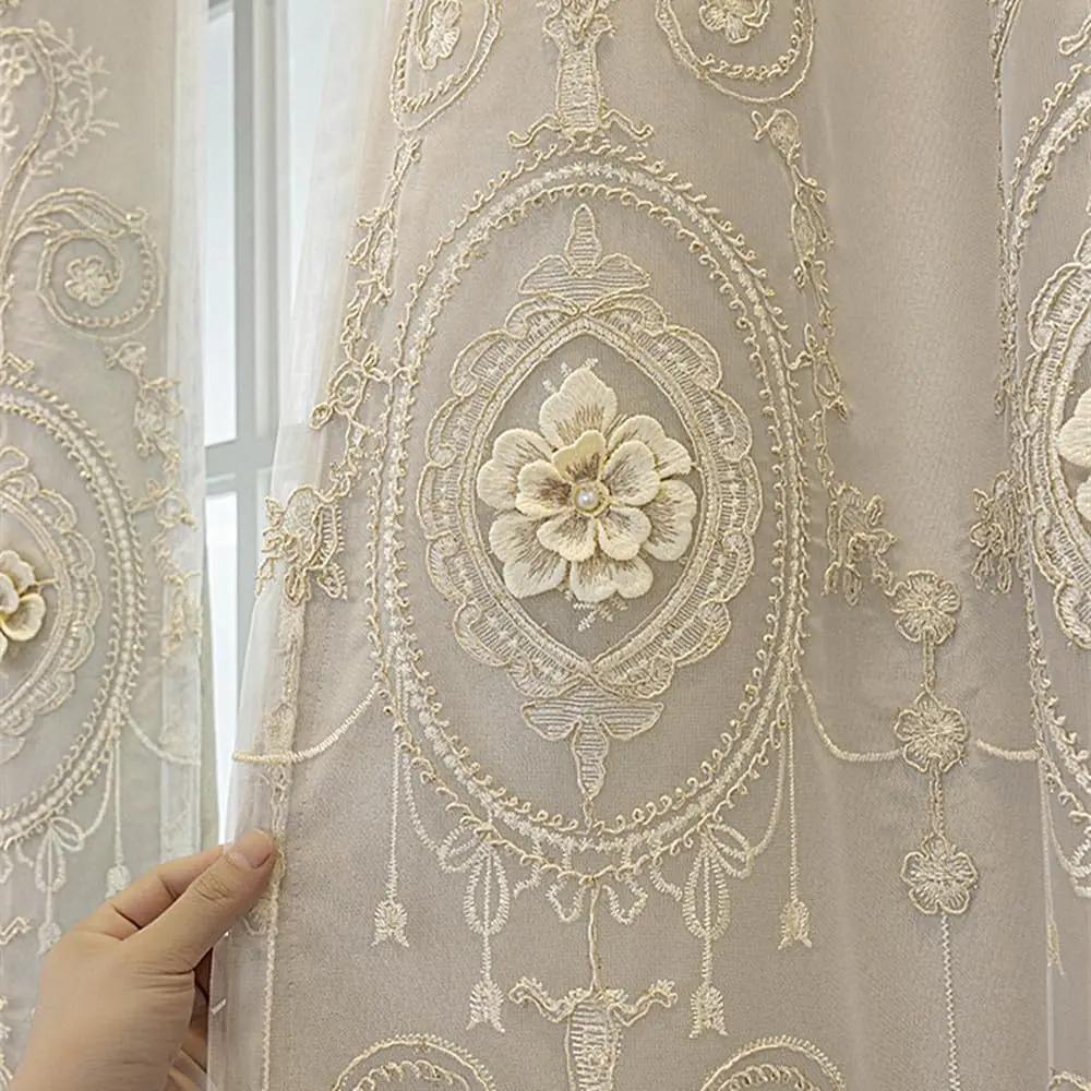 

1 Panel 132cm Width 3D Flower Embroidered sheer Curtain plus thick cloth curtain European Double Layer Curtain