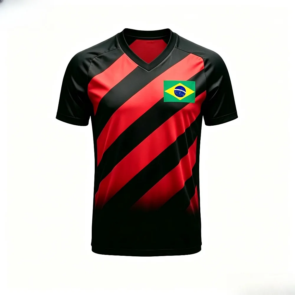 Men Red‑Black Diagonal Stripe Print T Shirt Short‑Sleeve Quick‑Dry Soccer Training Sport Gym Jogging Workout Casual Tops