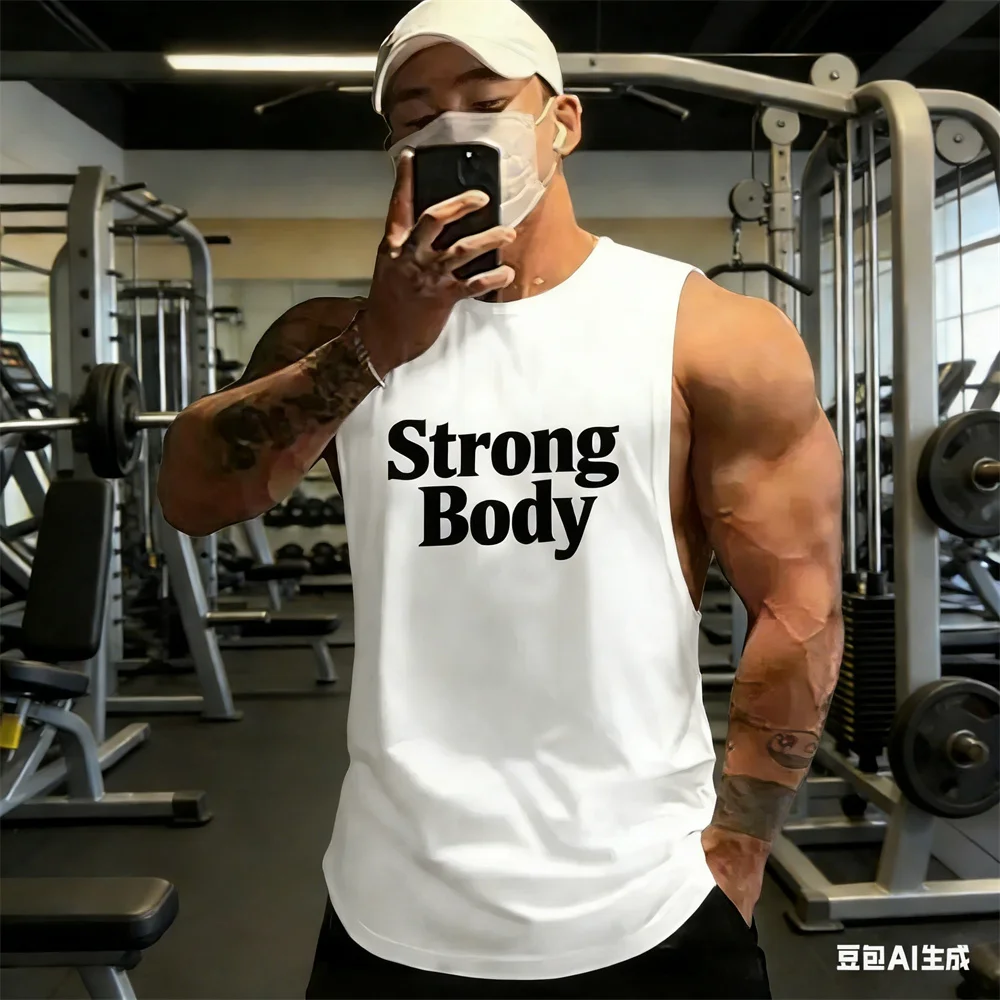 Summer men's vest gym clothing man Indoor fitness sleeveless T-shirt quick-dry tank top Strong Body print T-shirt ventilate vest