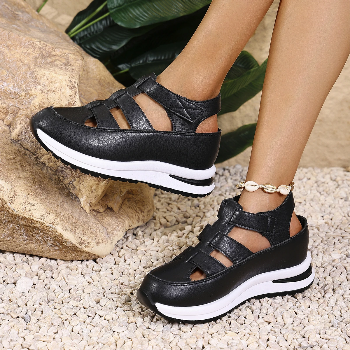 Women Sandals New High Quality Buckle Strap Sandals Women New Closed Toe Office and Career Summer Solid Wedge Shoes for Women