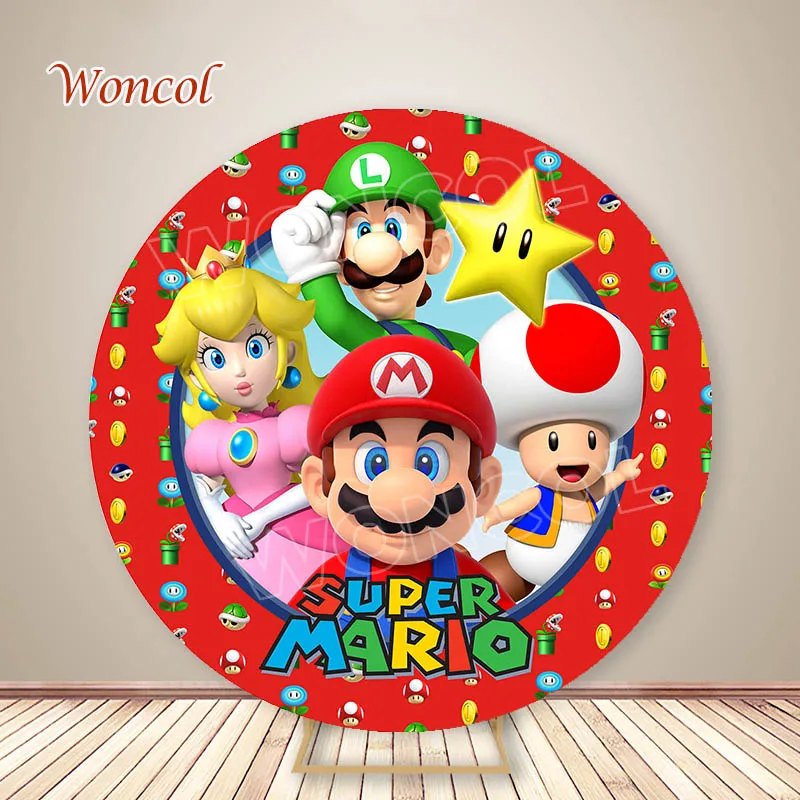 Sfondo rotondo di Super Mario Sfondo per baby shower Pianta di piranha Koopa Troopa Copertura del cilindro Decorazioni per feste di compleanno per bambini Prop