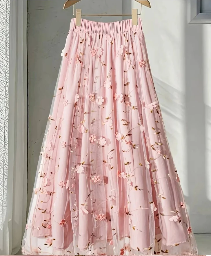 Boho Pink Floral Tulle Maxi Skirt 3D Embroidery Elastic High Waist A-line Flowy Skirt Harajuku Countryside Garden Fairy Skirts