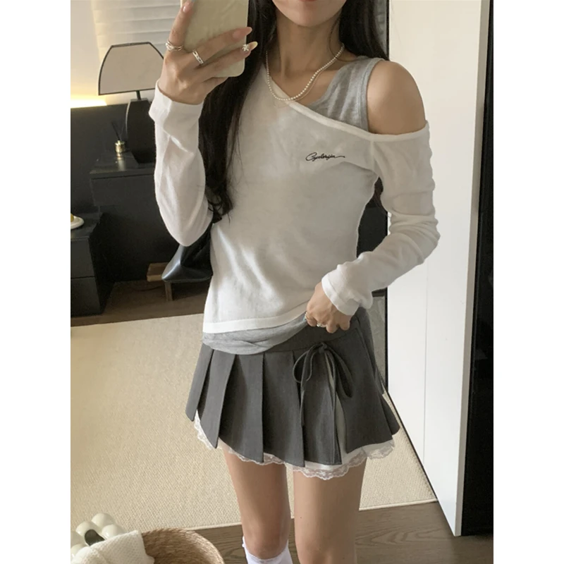 

Long Sleeved T Shirts Girls Womens Autumn Button Up Patchwork Lapel Plaid All-Match Pleated Regular Folds Minimalist Streetwear