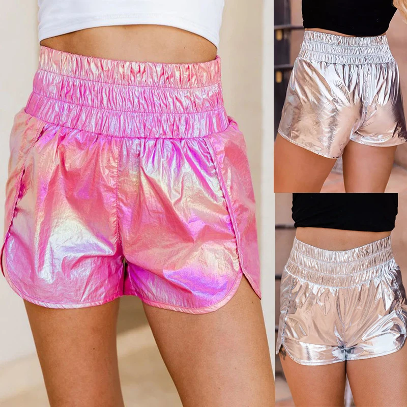 Summer New Shorts Women's Fashion Trend Elastic Waist Shorts Leisure And Comfortable Street Bright Rose Silver Commuting Style