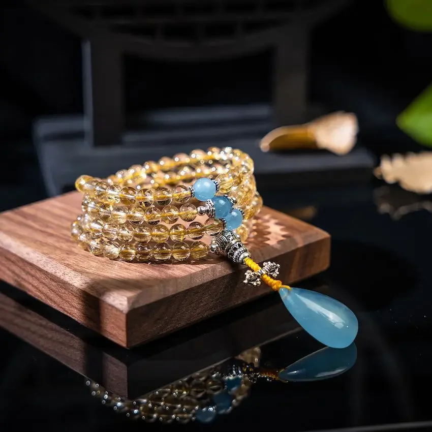 

UMQ Natural Crystal Brazil Gold Rutilated Quartz Rutile 108 Beads Original Design Aquamarine Birthday Gift