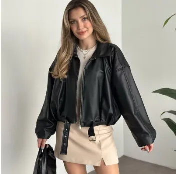 Fashion Leather Jacket Women's Vintage Faux Leather Bomber Jacket Solid Zipper Lapel Long Sleeves Autumn High Street Coat 7