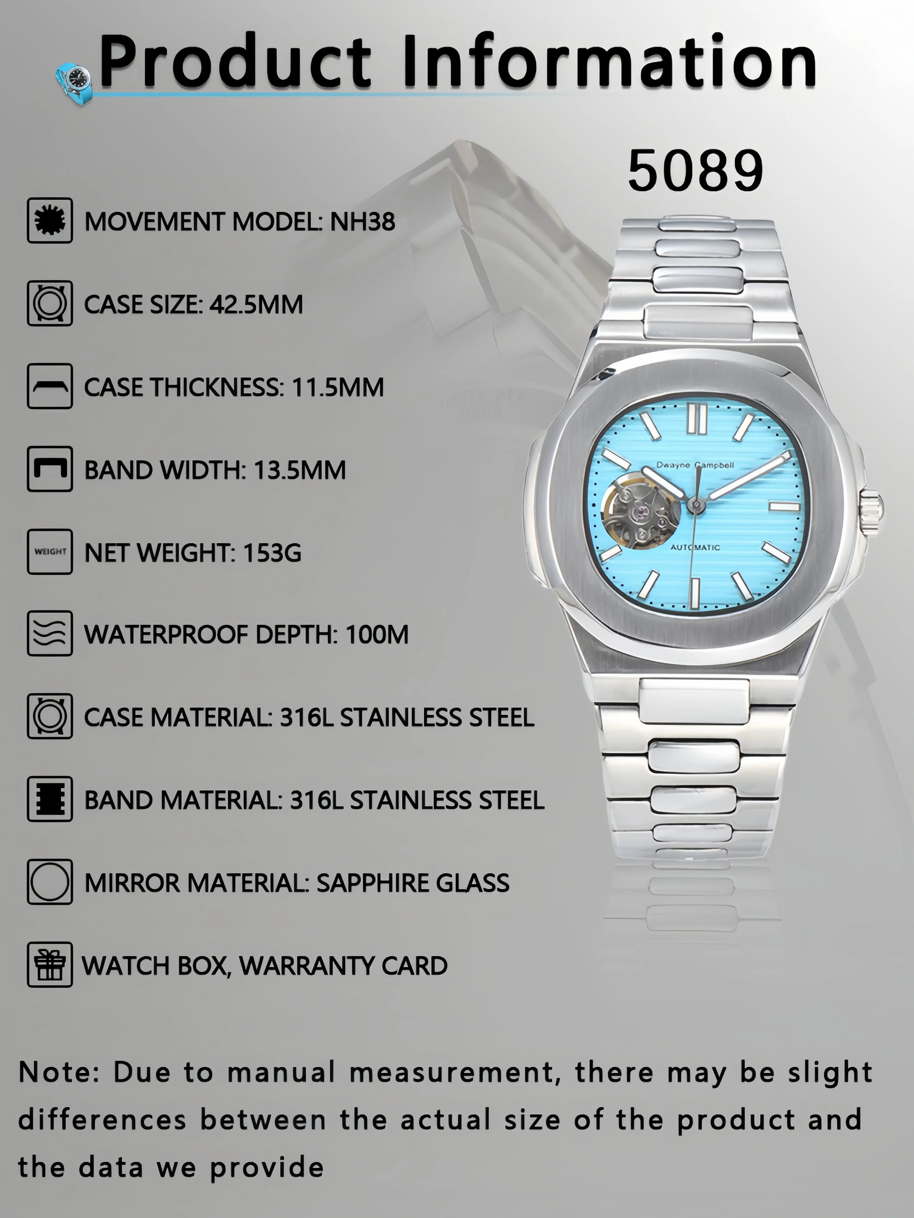 DWAYNE CAMPBELL NH38 Men\'s Automatic Watch Skeleton Dial Stainless Steel Waterproof Sapphire Glass Luminous WatchMen\'s Gift