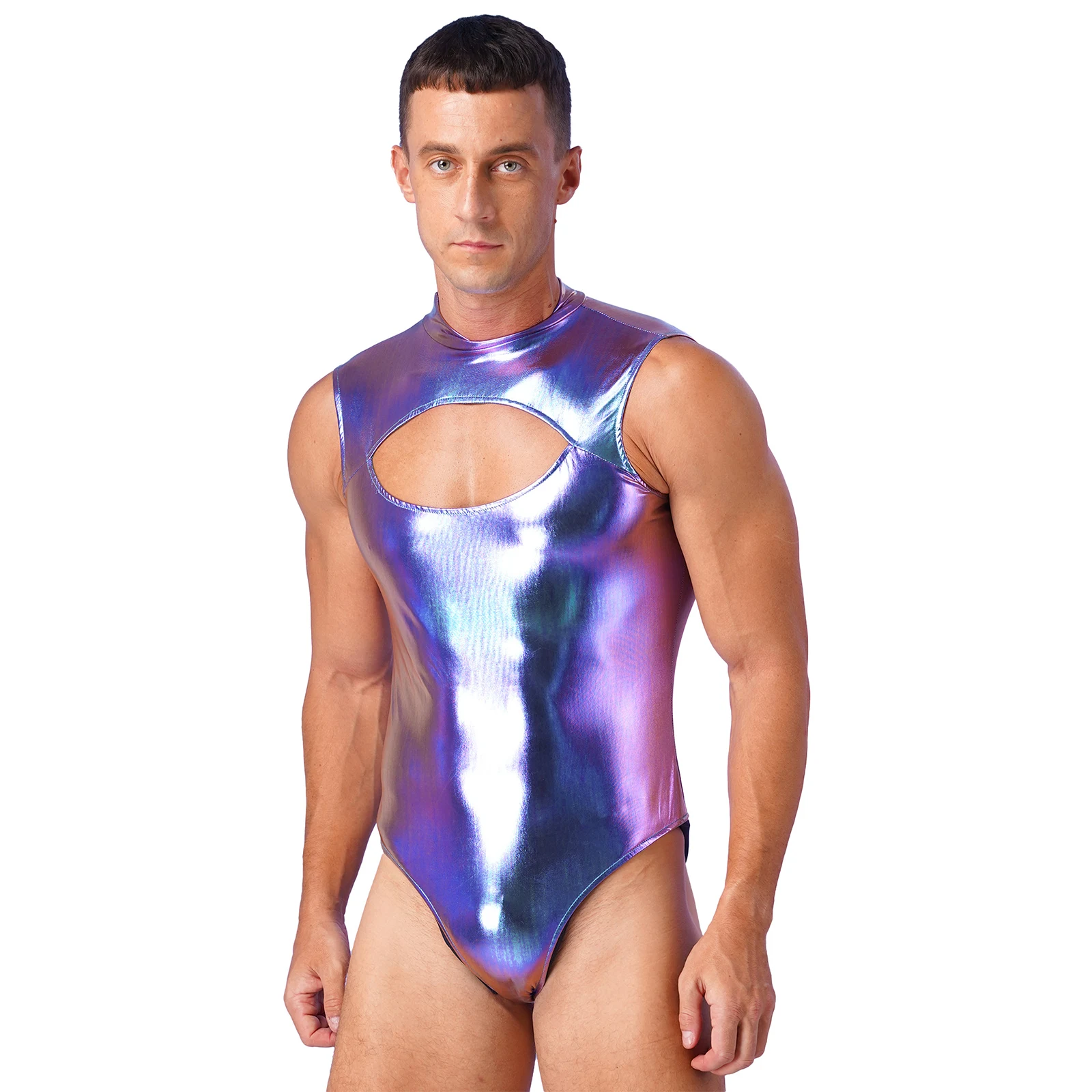 Mens Swimsuit Metallic Front Cutout Bodysuit One Piece Swimming Costume Invisible Zipper Back Leotard Pool Party Swimwear