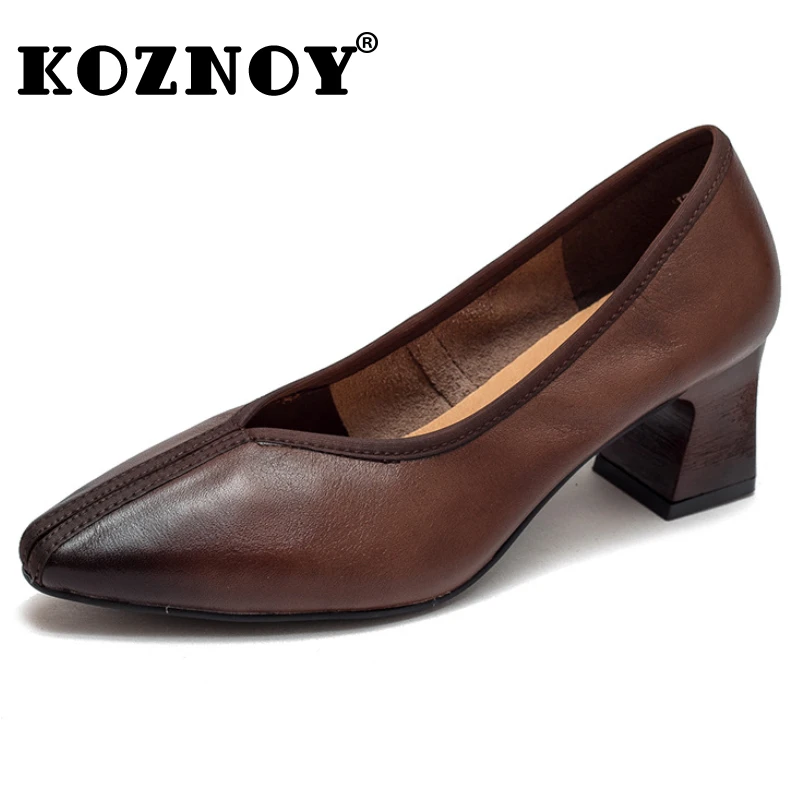 Koznoy-zapatos de tacón grueso para mujer, calzado de piel auténtica de vaca Natural, Estilo Vintage británico, sin cordones, 5cm