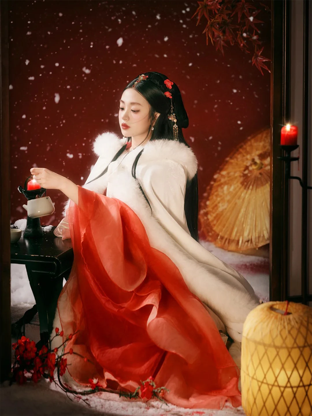 

Thiened Velvet Hanfu Coat Women's Cloak Ancient Costume White with Fur Collar Large Sve Warm Autumn Winter Faion