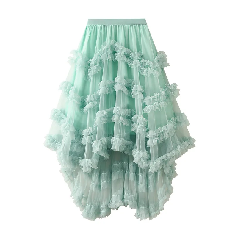 Women's Mesh Skirts Saree Candy Color Elastic Waist Fairy Mesh Half-body Skirt Puffy Irregular Ruffle Cake Skirt for Female 2025