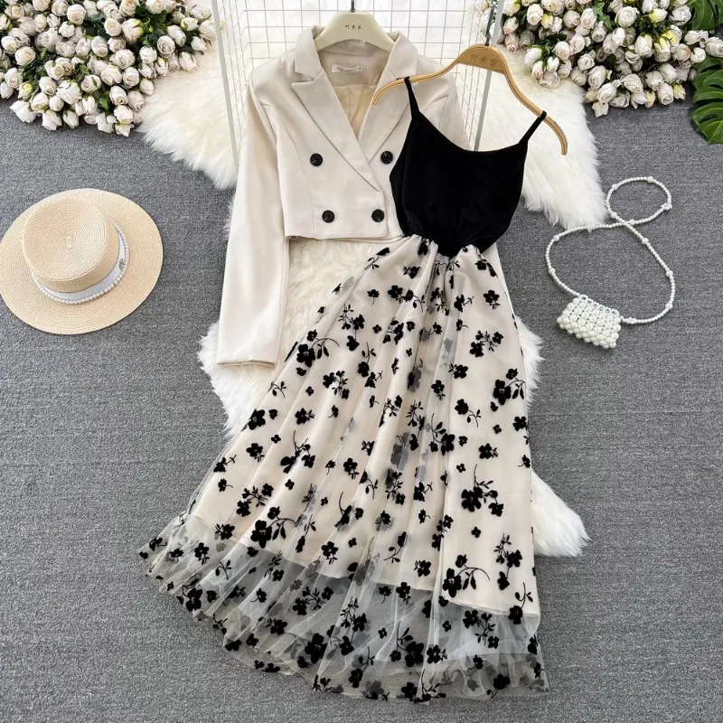Autumn Elegant Causal Two Piece Sets Grunge Long Sleeve Blazer Women Waist Mid-Length A-Line Strap Dresses