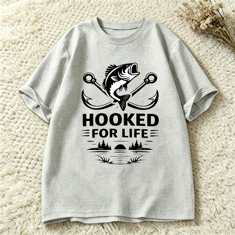 Vintage Hooked for Life Fishing Tee Unisex Light Gray Short Sleeve Angler Gift Streetwear Tshirt Y2k Top Harajuku Fsahion Cotton