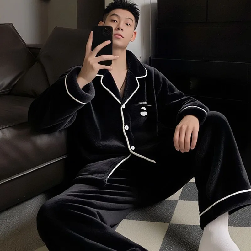 2026 Autumn  Winter Coral Fleece Men's Pajamas Men's Fleece Thickened Flannel Underwear Can Be Worn Outside Warm Loungewear Set
