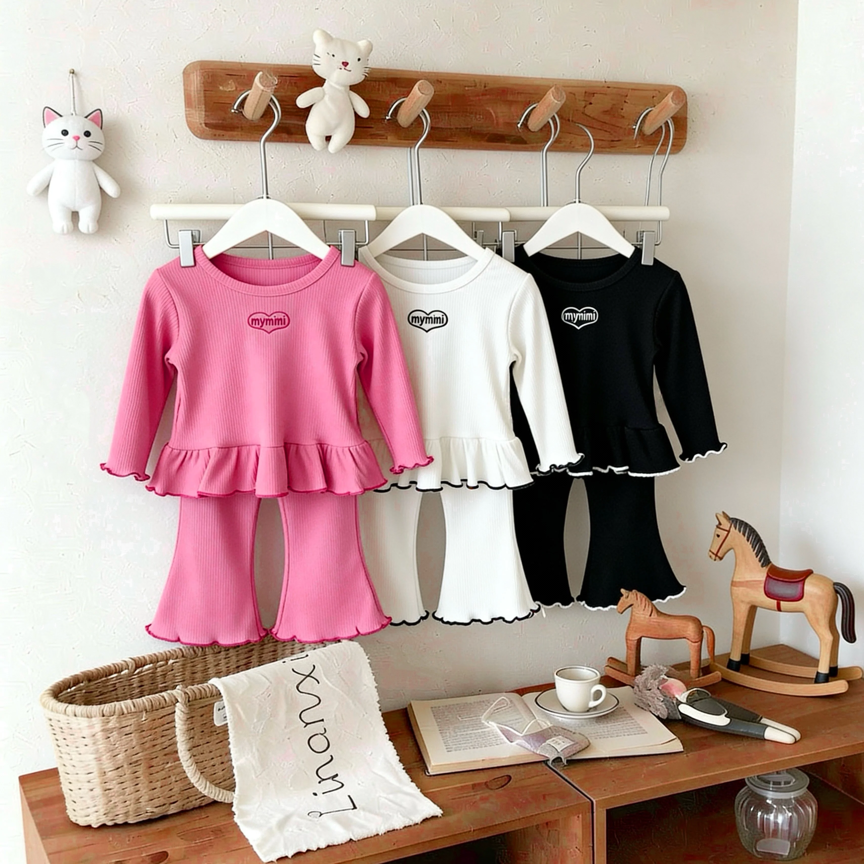 TZ2714 Korean Style Spring Autumn Girls' Ruffle Edged Round Neck Outfit Solid Color Fashionable Versatile Girls' Set